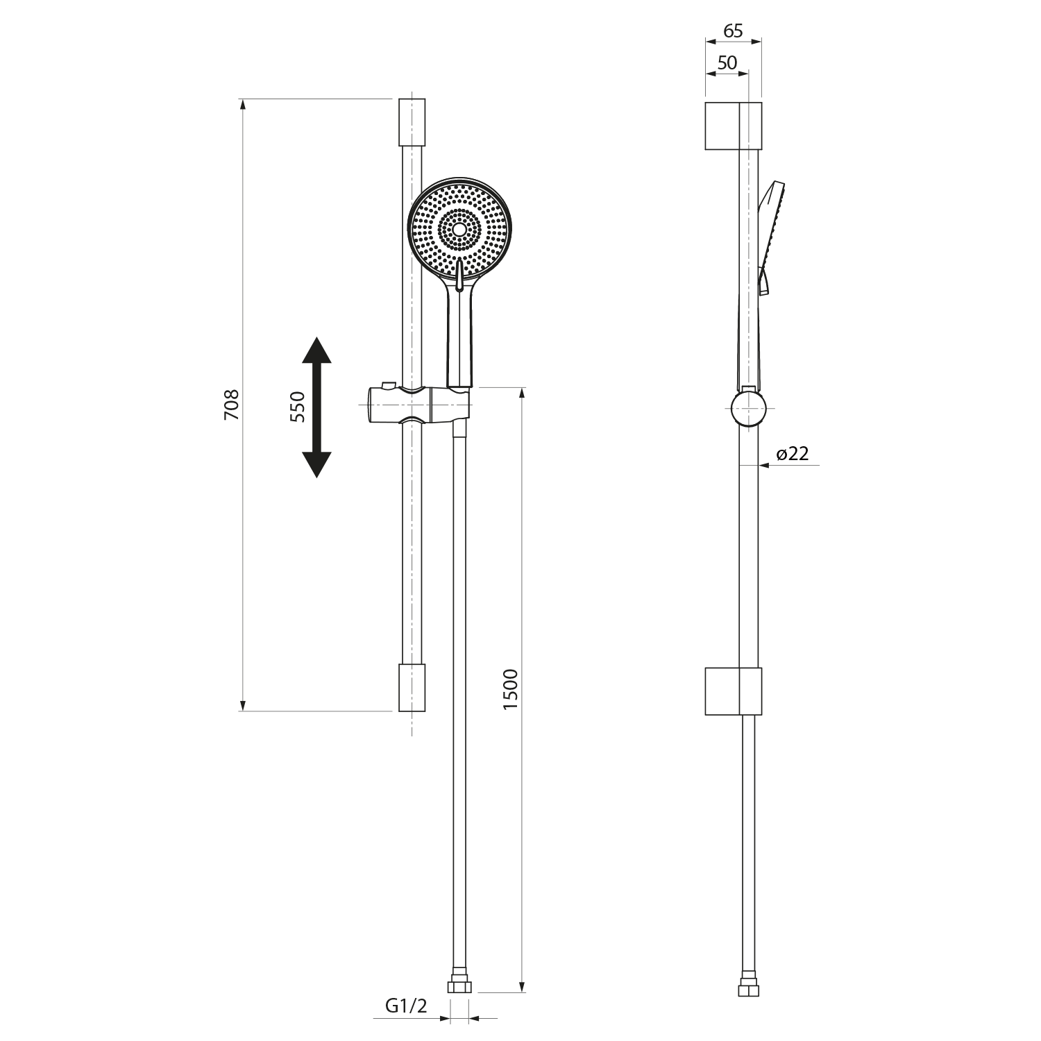 Sapho Sprchová souprava, posuvný držák 708mm, černá mat, technický nákres