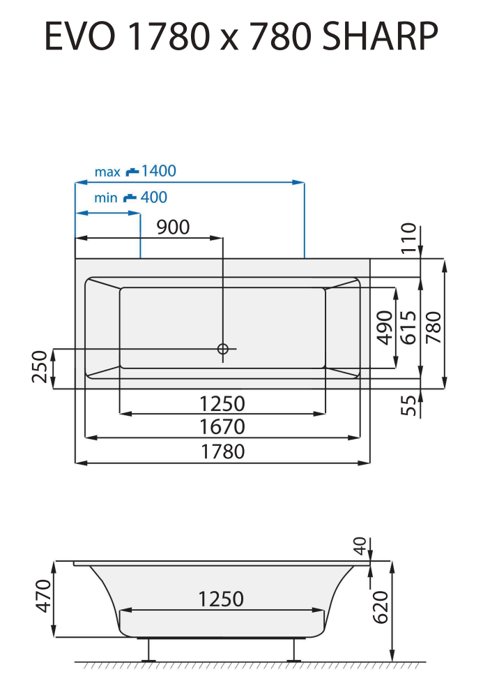 Santech OBDÉLNÍKOVÁ VANA EVO SHARP, 178x78 cm, technický nákres