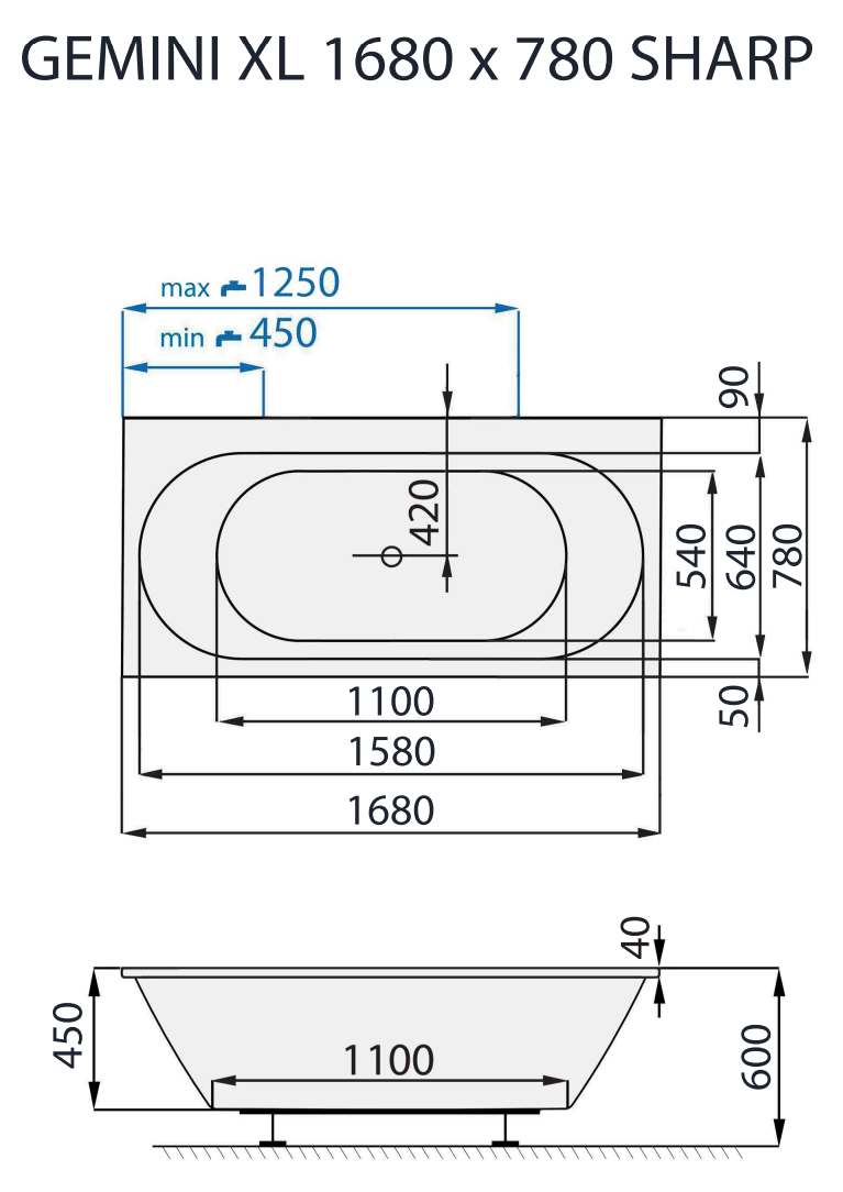 Santech OBDÉLNÍKOVÁ VANA GEMINI XL SHARP, 168x78 cm, technický nákres
