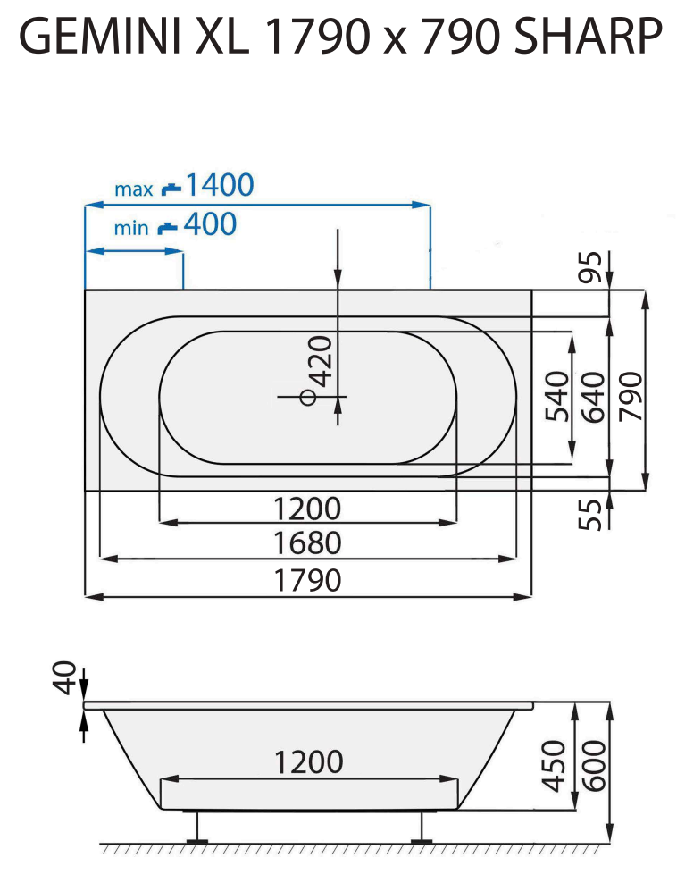 Santech OBDÉLNÍKOVÁ VANA GEMINI XL SHARP, 179x79 cm, technický nákres