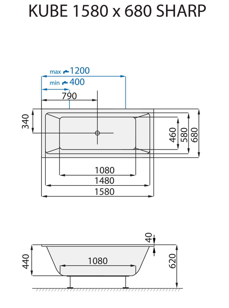 Santech OBDÉLNÍKOVÁ VANA KUBE SHARP, 158x68 cm, technický nákres