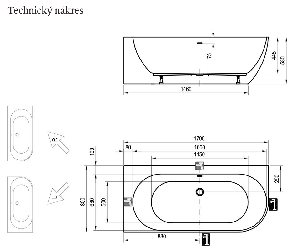 Ravak Freedom Corner volně stojící vana 170x80 cm, technický nákres