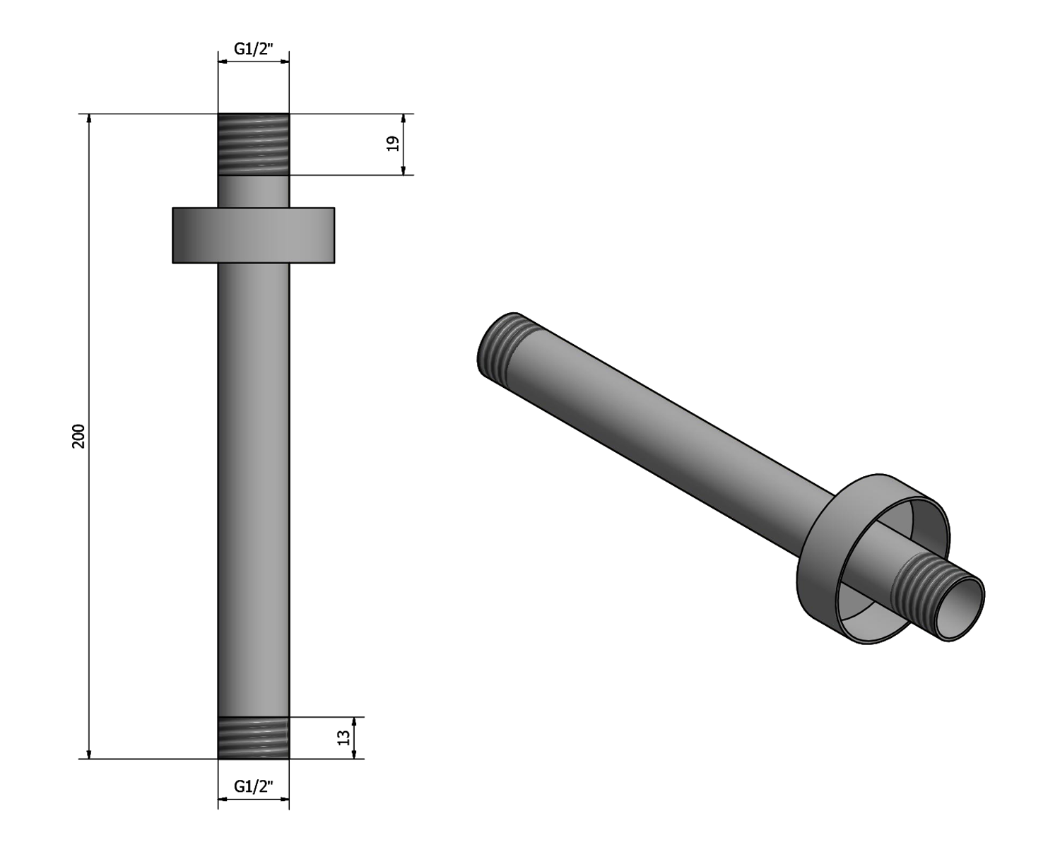Sapho Sprchové stropní ramínko, kulaté, 200mm, měď mat, technický nákres