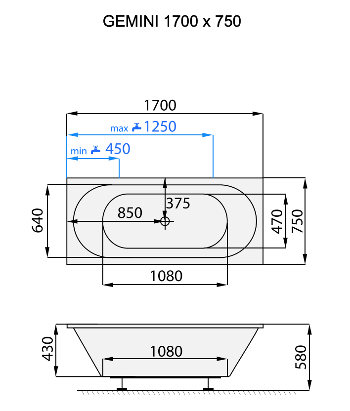 Santech Gemini obdélníková vana 170x75 cm, technický nákres