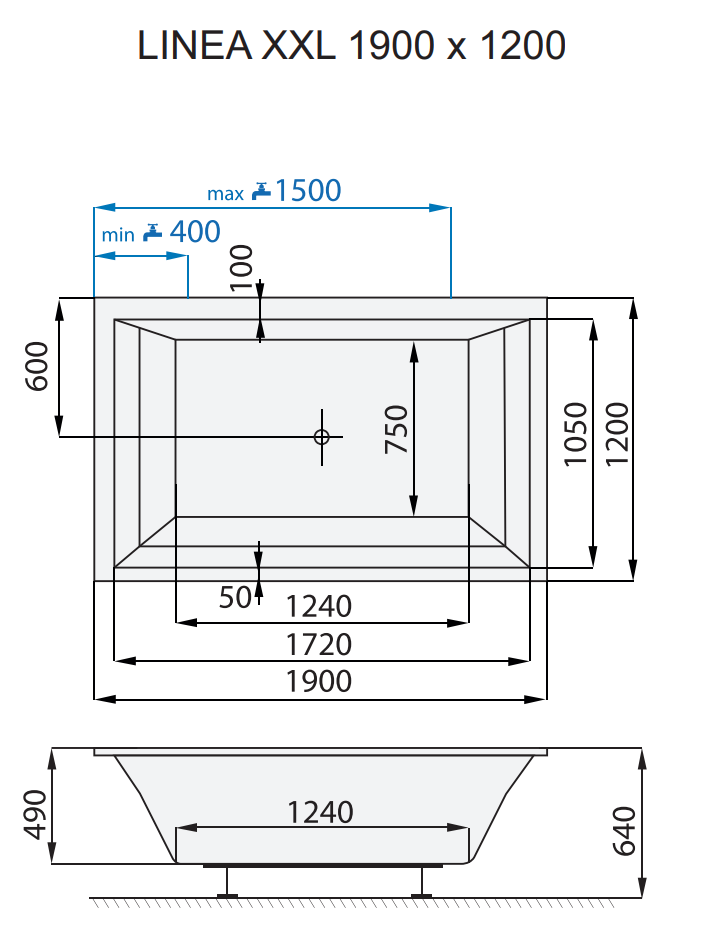 Santech LineaXXL obdélníková vana 190 x 120 cm, technický nákres