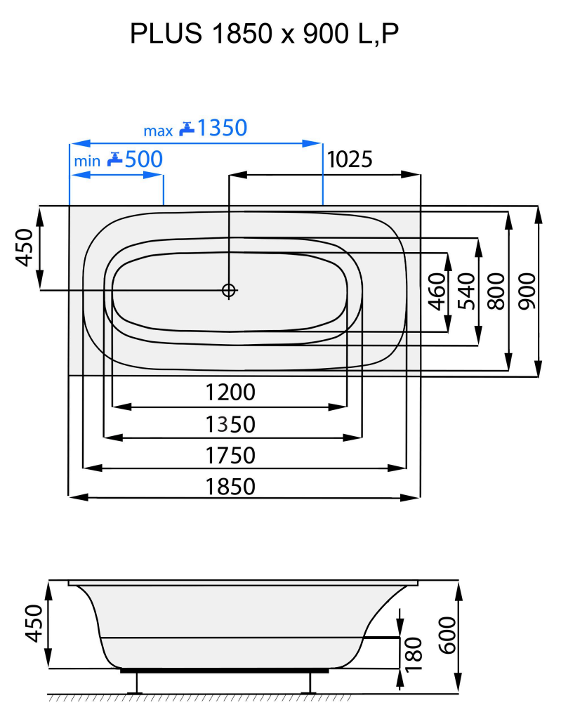 Santech Plus vana 185x90 cm SAPLU185, technický nákres