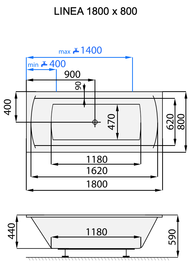 Santech Linea obdélníková vana 180 x 80 cm, technický nákres