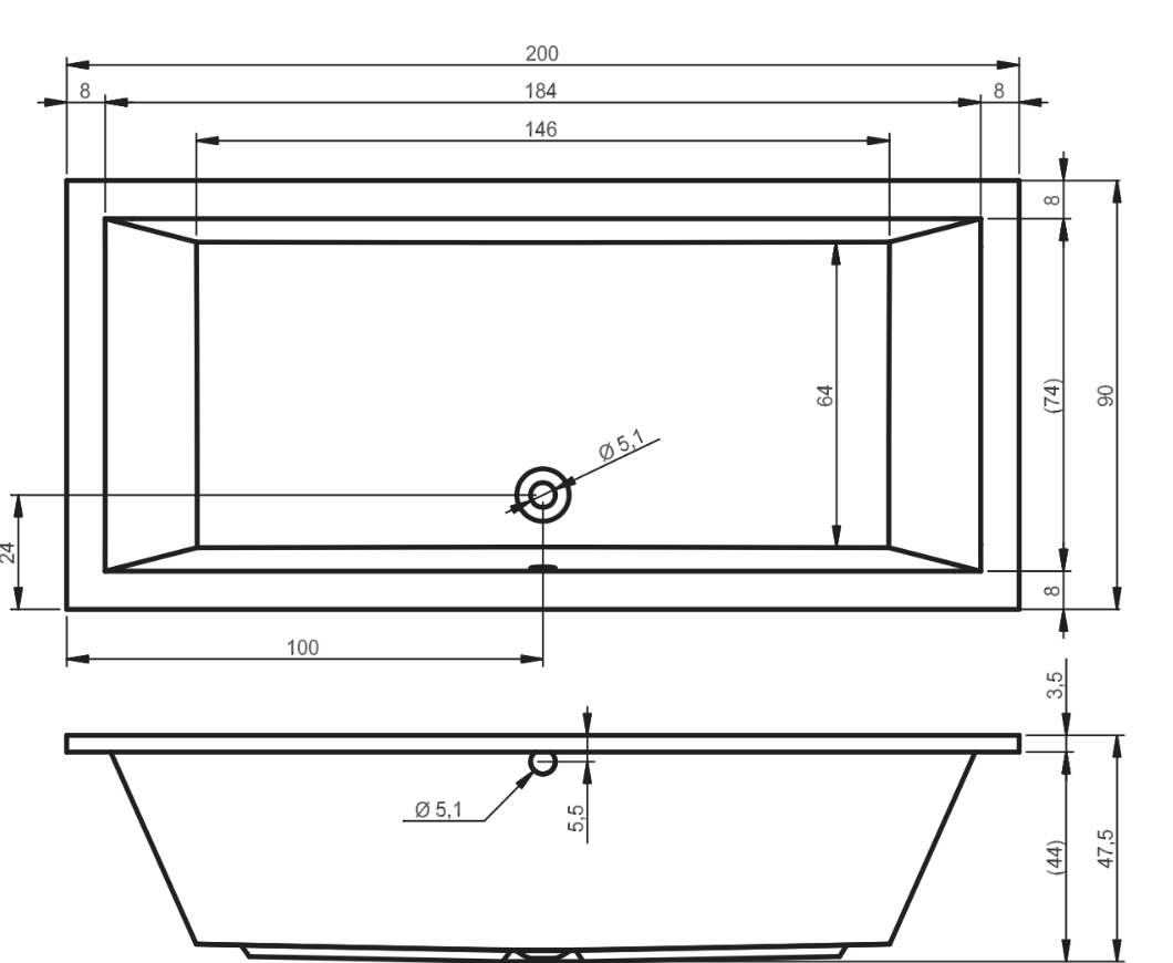 Riho Lusso obdélníková vana 200x90 cm, technický nákres