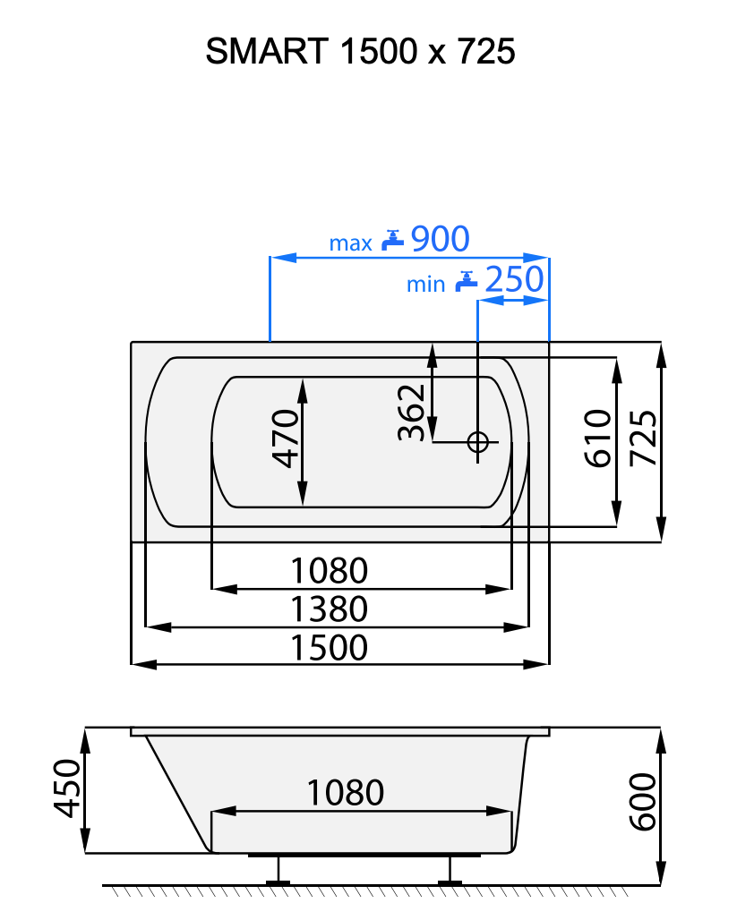 Santech Smart obdélníková vana 150 x 72,5 cm, technický nákres