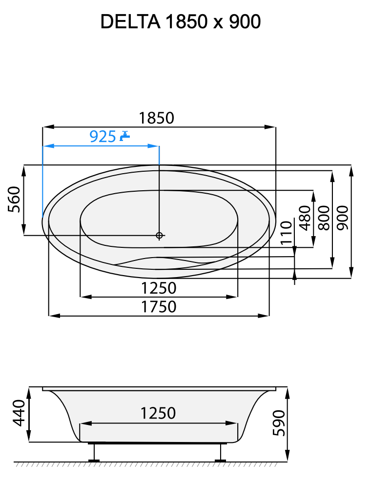 Santech Delta oválná vana 185x90 cm, technický nákres