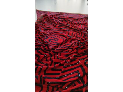 110764 yty satovka polyester elasten modra geometrie na cervene 3d foil sd220407a ok07 odhad
