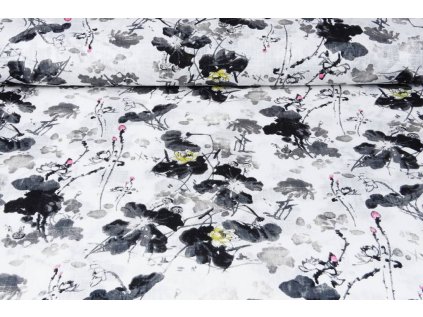 printed cotton linnenlook flowers grey