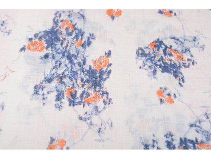 printed cotton linnenlook roses blue orange
