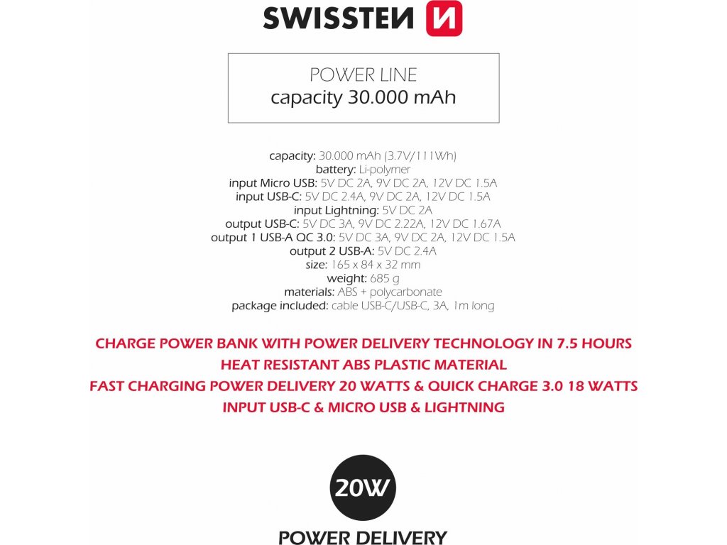 Swissten Power Line Power Bank 30000 mAh 20W Power Delivery černá from  44.90 € - Powerbanka