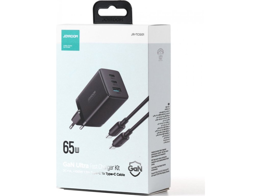JOYROOM TCG01 65W Type-C*2+USB GaN Ultra Fast Charger with 1.2M Dual Type-C 100W Cable EU Plug Black CCC/CE/FCC/RoHS Certified
