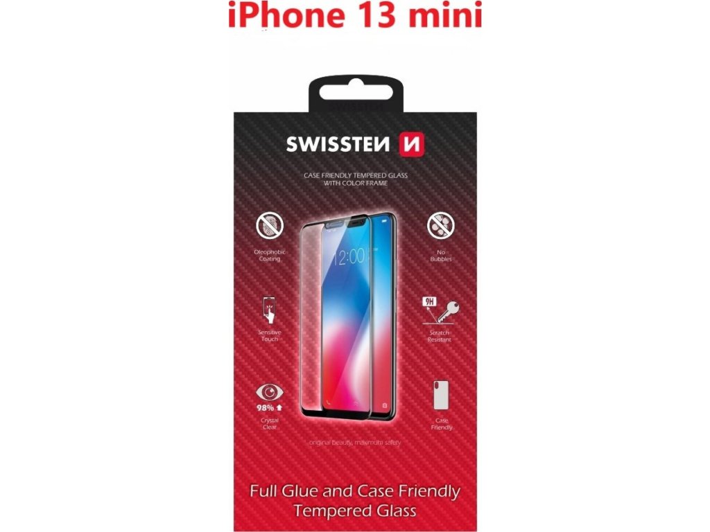 Sklo swissten full glue, color frame, case friendly pro apple iphone 13 mini černé