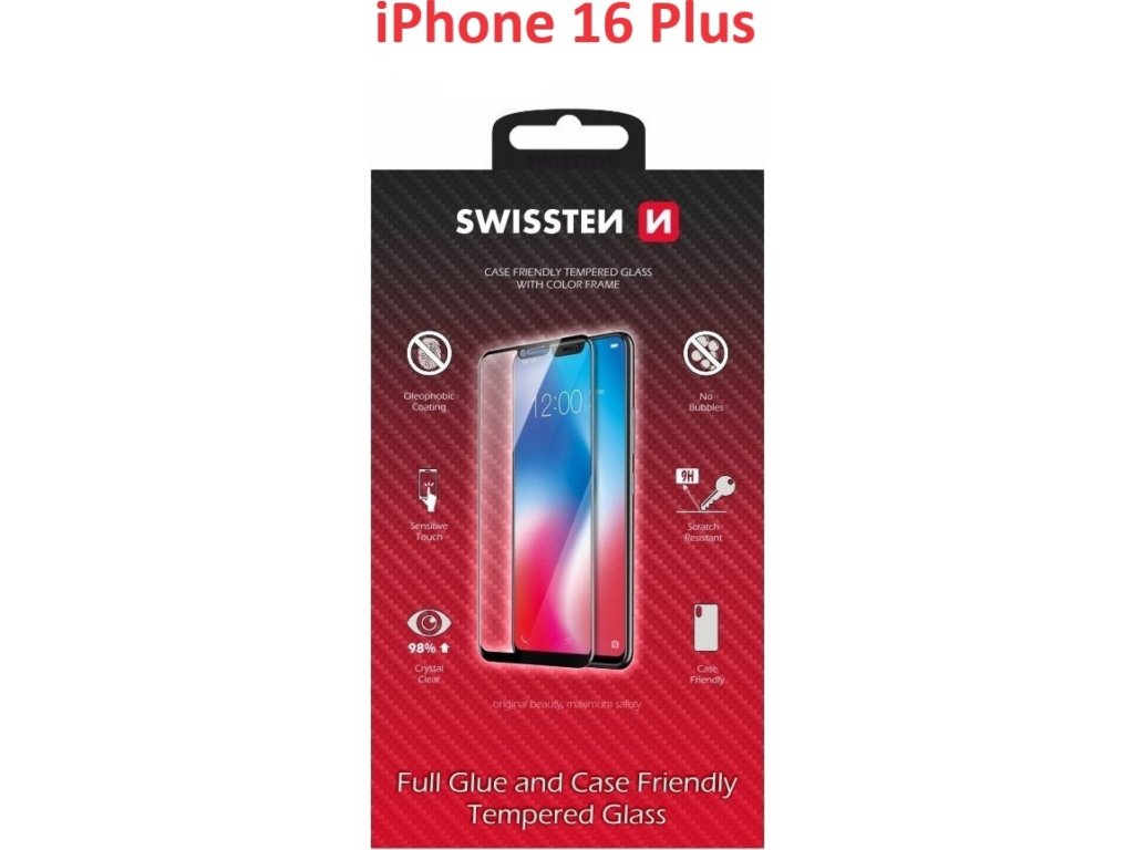 Sklo swissten full glue, color frame, case friendly pro apple iphone 16 plus černé