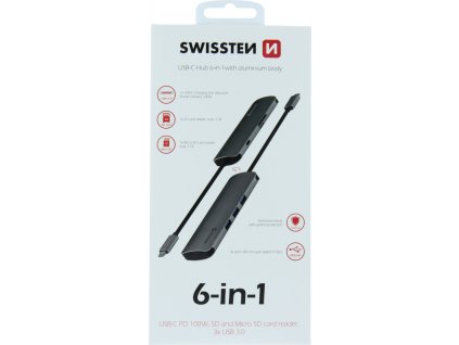 Swissten usb-c hub 6-in-1 (usb-c pd, 3x usb 3.0, sd, micro sd) aluminium