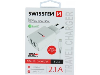 Swissten síťový adaptér smart ic 2x usb 2,1a power + datový kabel usb / lightning mfi 1,2 m bílý
