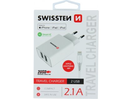 Swissten síťový adaptér smart ic 2x usb 2,1a power + datový kabel usb / lightning mfi 1,2 m bílý