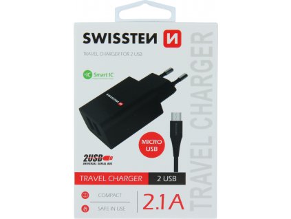 Swissten síťový adaptér smart ic 2x usb 2,1a power + datový kabel usb / micro usb 1,2 m černý