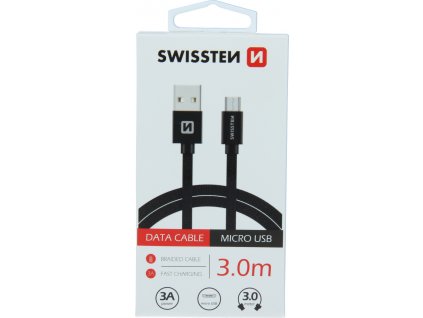 Datový kabel swissten textile usb / micro usb 3,0 m černý