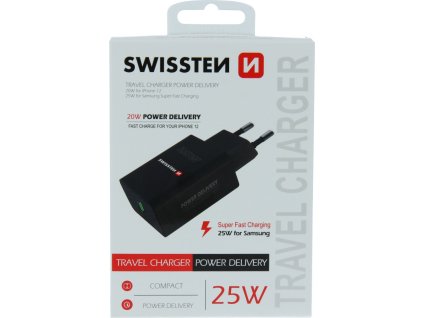 Swissten síťový adaptér pd 25w pro iphone a samsung černý