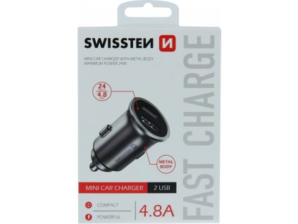 Swissten cl adaptér 2x usb 4,8a metal stříbrný