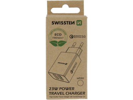 Swissten síťový adaptér 2x usb qc 3.0 + usb, 23w bílý (eco balení)