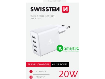 Swissten síťový adaptér 4x usb 4a 20w bílý