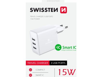 Swissten síťový adaptér 3x usb 3a 15w bílý