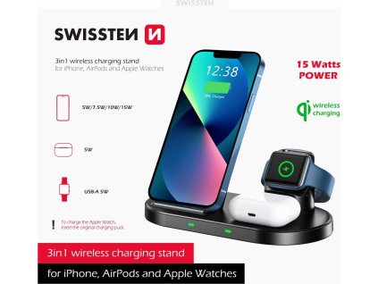 Swissten wireless nabíječka 3v1 stand černá