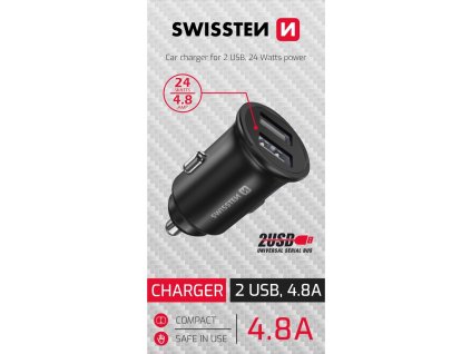 Swissten cl adaptér 2x usb 4,8a metal černý (samoprodavač)