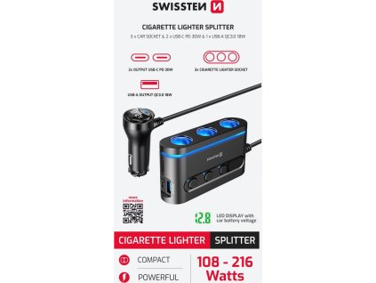 Swissten autoadaptér s výstupem 3x cl, 2x ucb-c pd a 1x usb-a qa 3.0, 108w - 216w
