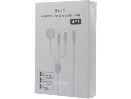 4FT/1.2M 3 in 1 Type-C to iWatch+Lightning+Type-C Magnetic Data Charging Cable HQ White
