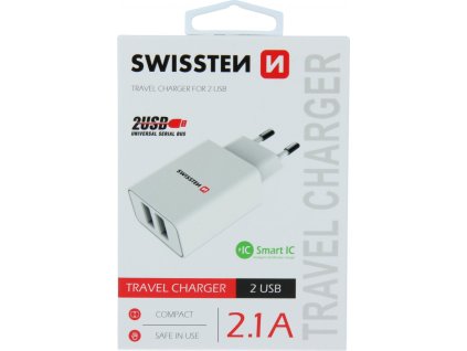 Swissten síťový adaptér smart ic 2x usb 2,1a power bílý