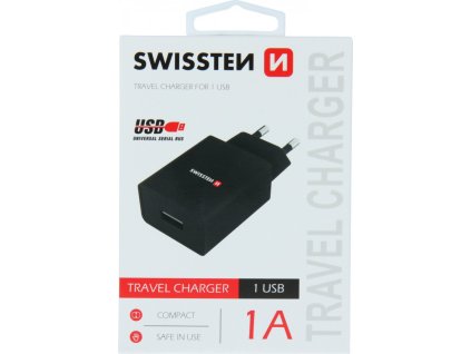 Swissten síťový adaptér smart ic 1x usb 1a power černý