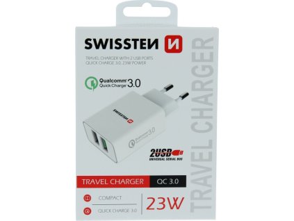 Swissten síťový adaptér 2x usb qc 3.0 + usb, 23w bílý