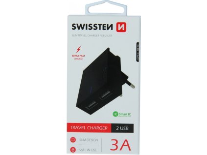 Swissten síťový adaptér smart ic 2x usb 3a power černý