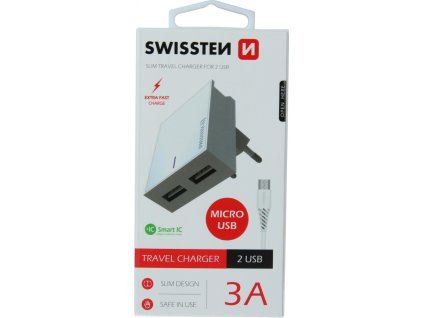 Swissten síťový adaptér smart ic 2x usb 3a power + datový kabel usb / micro usb 1,2 m bílý