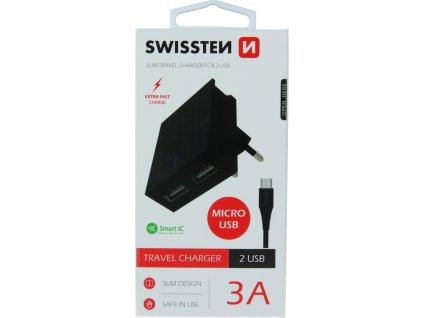 Swissten síťový adaptér smart ic 2x usb 3a power + datový kabel usb / micro usb 1,2 m černý