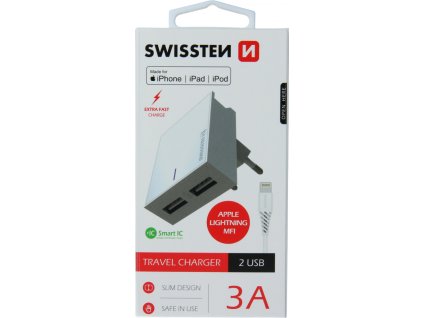 Swissten síťový adaptér smart ic 2x usb 3a power + datový kabel usb / lightning mfi 1,2 m bílý