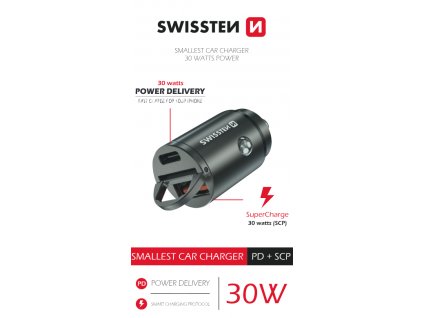 Swissten cl adaptér power delivery usb-c + super charge 3.0 30w nano stříbrný