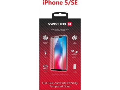 Sklo swissten full glue, color frame, case friendly pro apple iphone 5/se černé