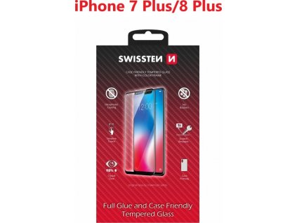 Sklo swissten full glue, color frame, case friendly pro apple iphone 7 plus/8 plus černé
