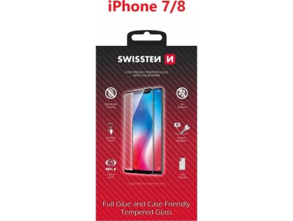 Sklo swissten full glue, color frame, case friendly pro apple iphone 7/8 černé