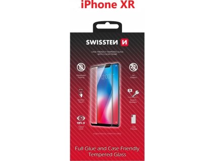 Sklo swissten full glue, color frame, case friendly pro apple iphone xr černé