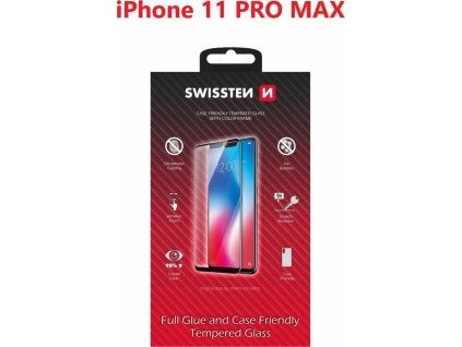 Sklo swissten full glue, color frame, case friendly pro apple iphone 11 pro max černé