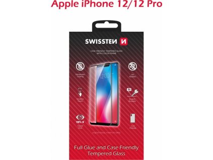 Sklo swissten full glue, color frame, case friendly pro apple iphone 12/12 pro černé