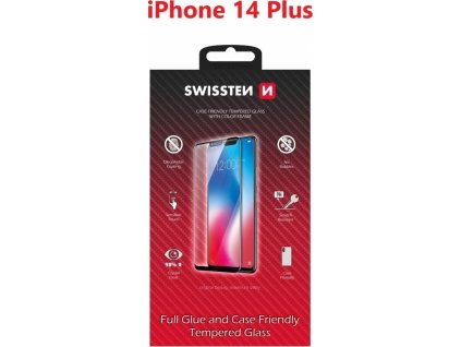 Sklo swissten full glue, color frame, case friendly pro apple iphone 14 plus černé